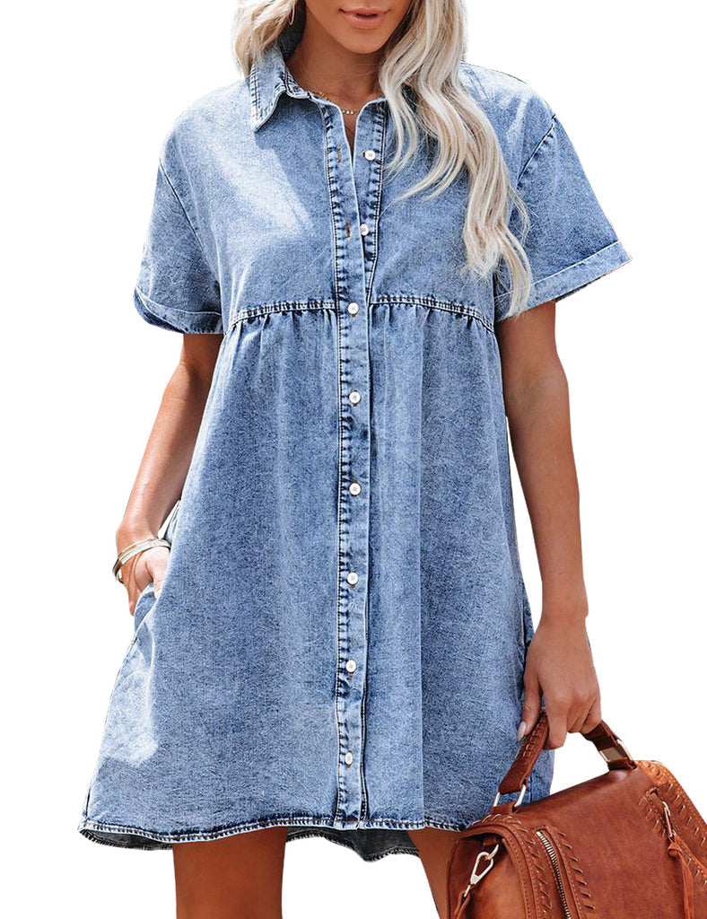Limited time sale🔥Women's Short Sleeve Button Denim Shirt Dress