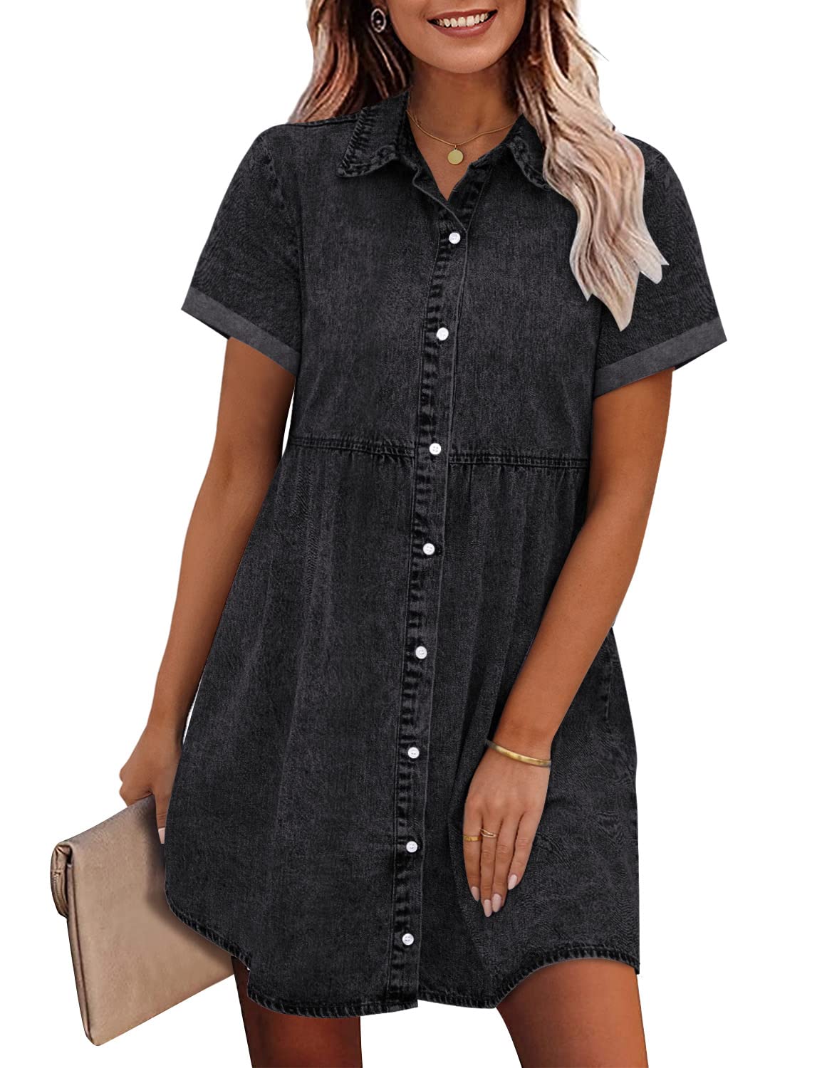 Limited time sale🔥Women's Short Sleeve Button Denim Shirt Dress
