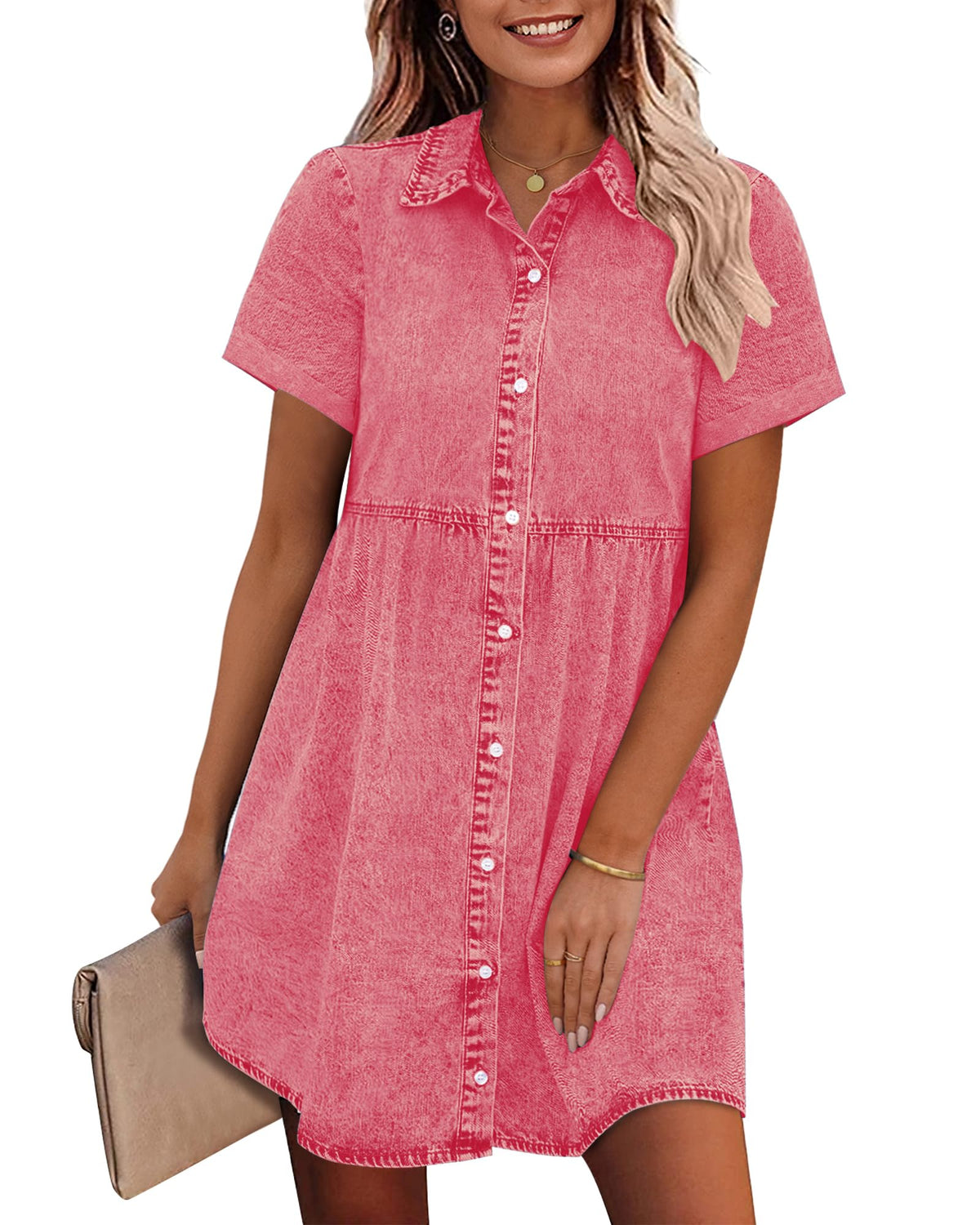 Limited time sale🔥Women's Short Sleeve Button Denim Shirt Dress