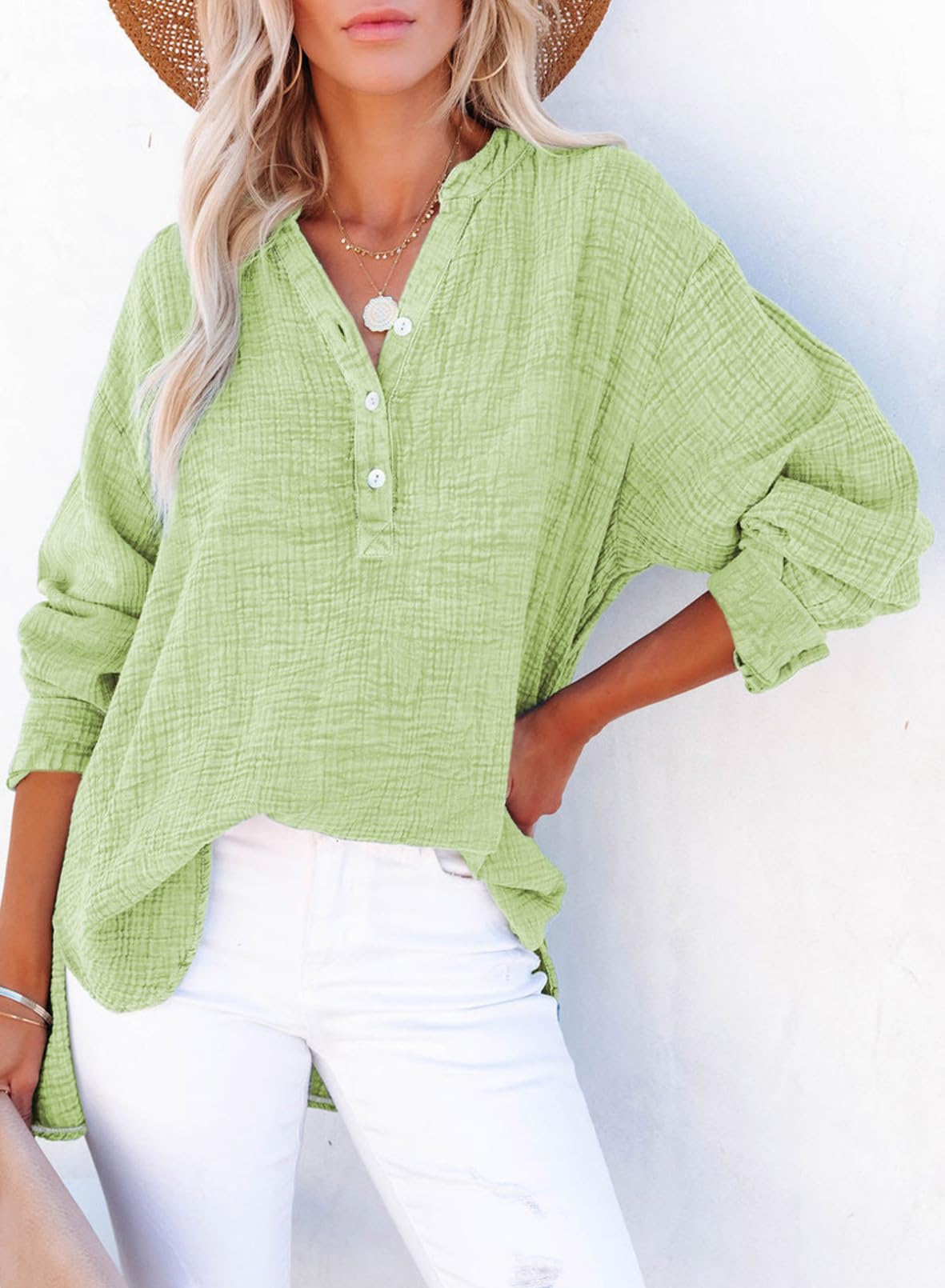 Limited time sale🔥Womens Casual Gauze Button Neck Long Sleeve Oversized BlousesTops