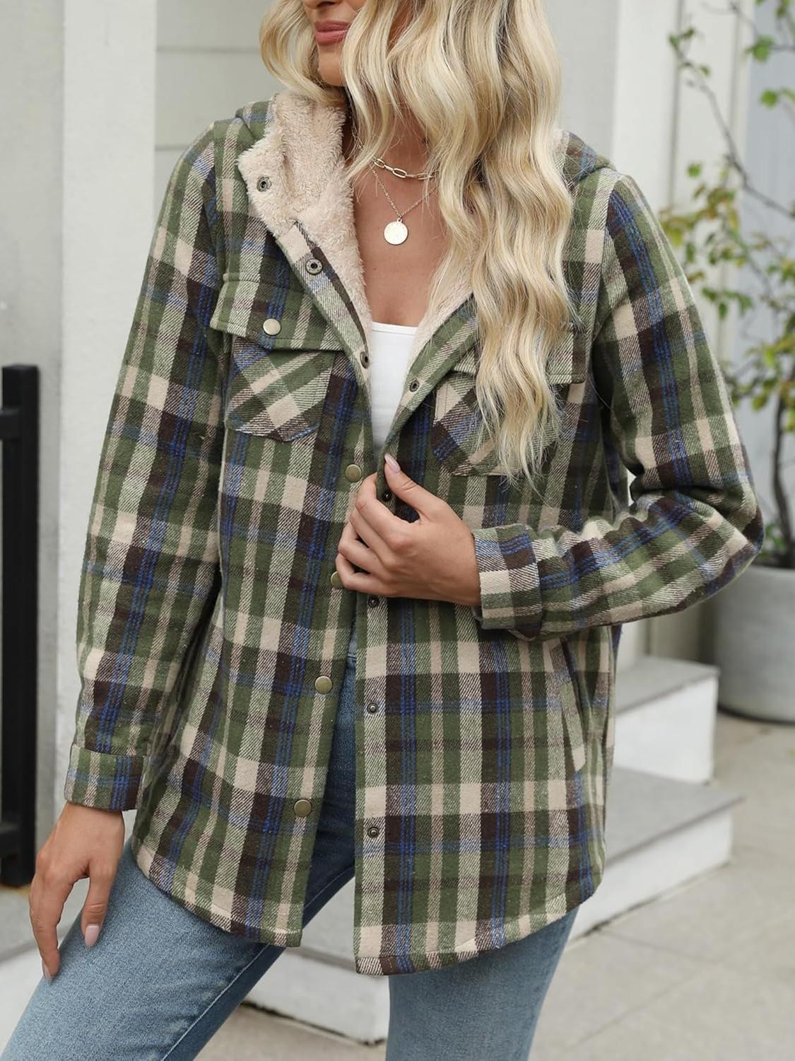HOT SALE🔥Women's Fall Fuzzy Flannel Long Sleeve Plaid Jacket Coat with Hood