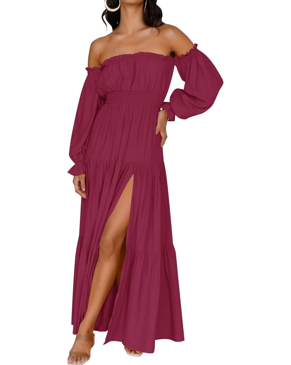 Limited time sale🔥Women's Boho Off Shoulder Long Sleeve Side Split Flowy A Line Long Maxi Dress