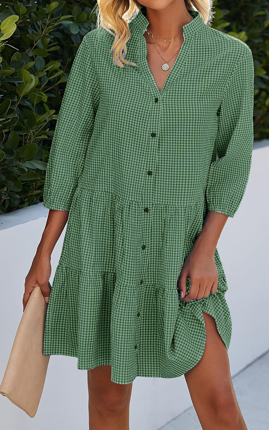 Limited time sale🔥Women's Button Down 3/4 Sleeve Gingham Shirt Dress
