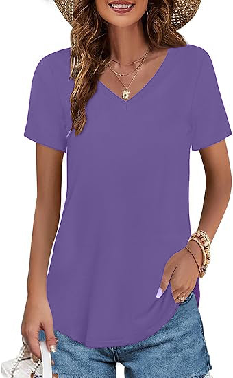 Limited time sale🔥Women's V-neck Short Sleeve Curved Hem Tee Top