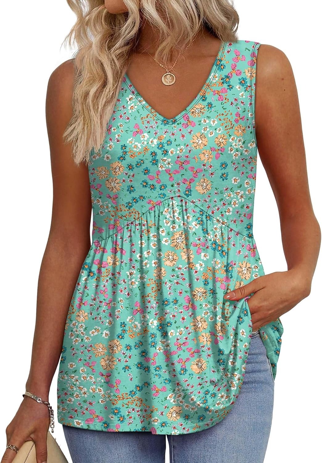 Limited time sale🔥Women's Print Flowy Sleeveless V Neck Peplum Tank Tops