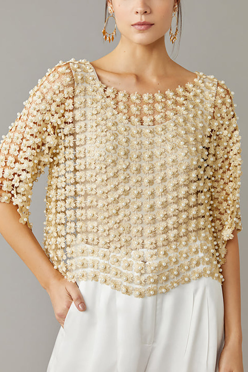 HOT SALE Women's Beaded Floral Cutout Long Sleeve Top Coverup