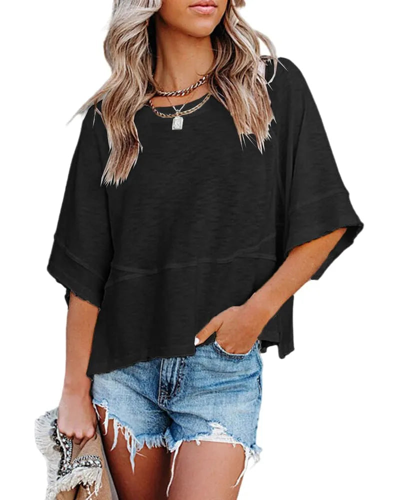 Women's Casual Batwing Half Sleeve Crewneck Tee