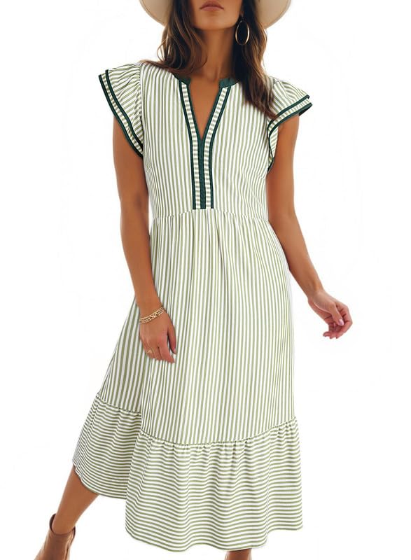 Limited time sale🔥Women's V-Neck Ruffle Striped Beach Midi Maxi Dress with Pockets