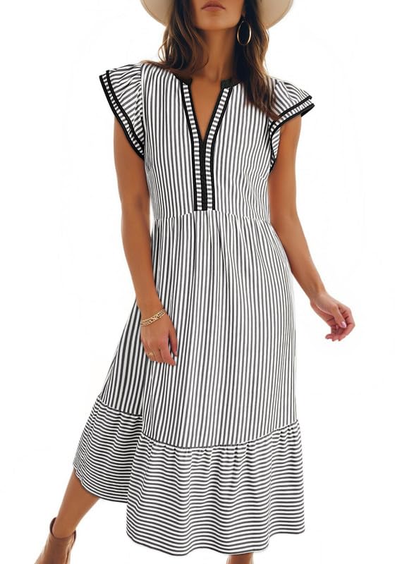 Limited time sale🔥Women's V-Neck Ruffle Striped Beach Midi Maxi Dress with Pockets