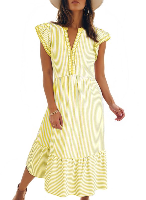 Limited time sale🔥Women's V-Neck Ruffle Striped Beach Midi Maxi Dress with Pockets
