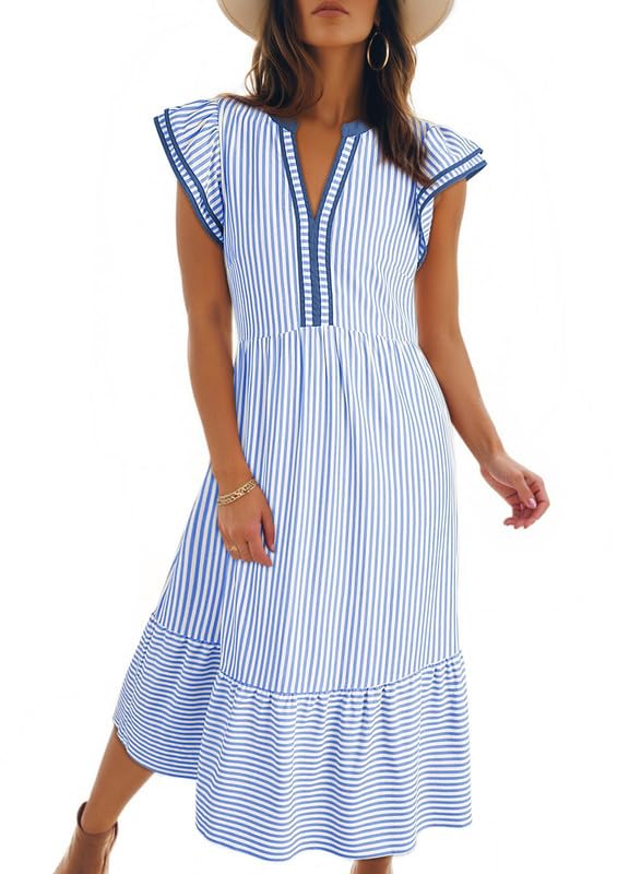 Limited time sale🔥Women's V-Neck Ruffle Striped Beach Midi Maxi Dress with Pockets