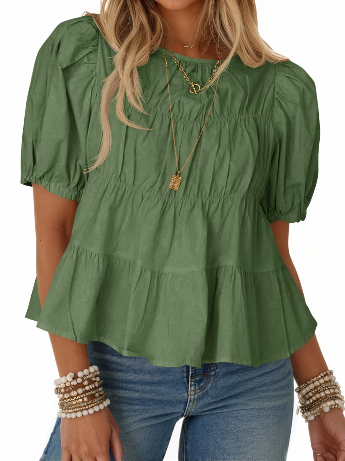 Limited time sale🔥Women's Puff Sleeve T-Shirts Smocked Peplum Blouse Casual Loose Fit Tops