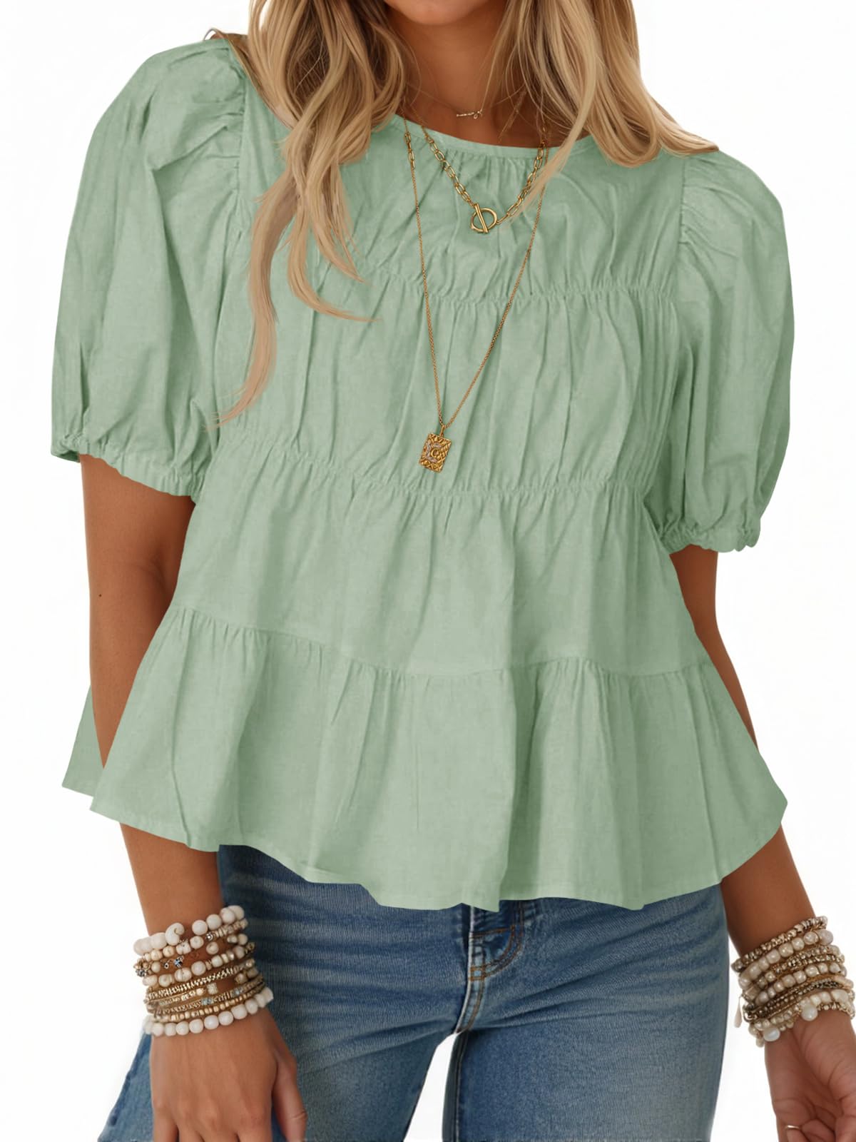 Limited time sale🔥Women's Puff Sleeve T-Shirts Smocked Peplum Blouse Casual Loose Fit Tops