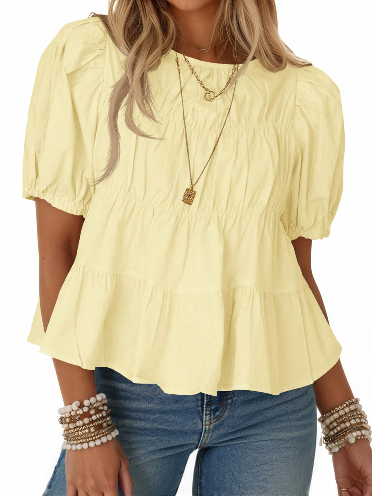 Limited time sale🔥Women's Puff Sleeve T-Shirts Smocked Peplum Blouse Casual Loose Fit Tops