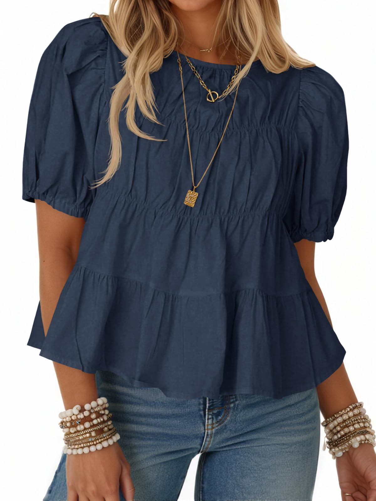 Limited time sale🔥Women's Puff Sleeve T-Shirts Smocked Peplum Blouse Casual Loose Fit Tops