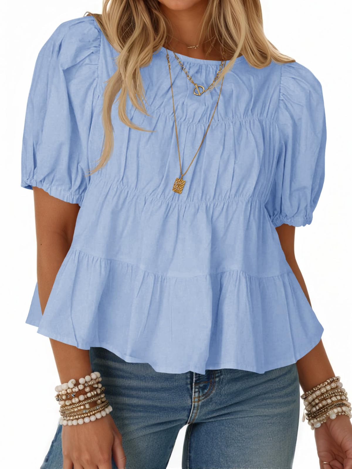 Limited time sale🔥Women's Puff Sleeve T-Shirts Smocked Peplum Blouse Casual Loose Fit Tops