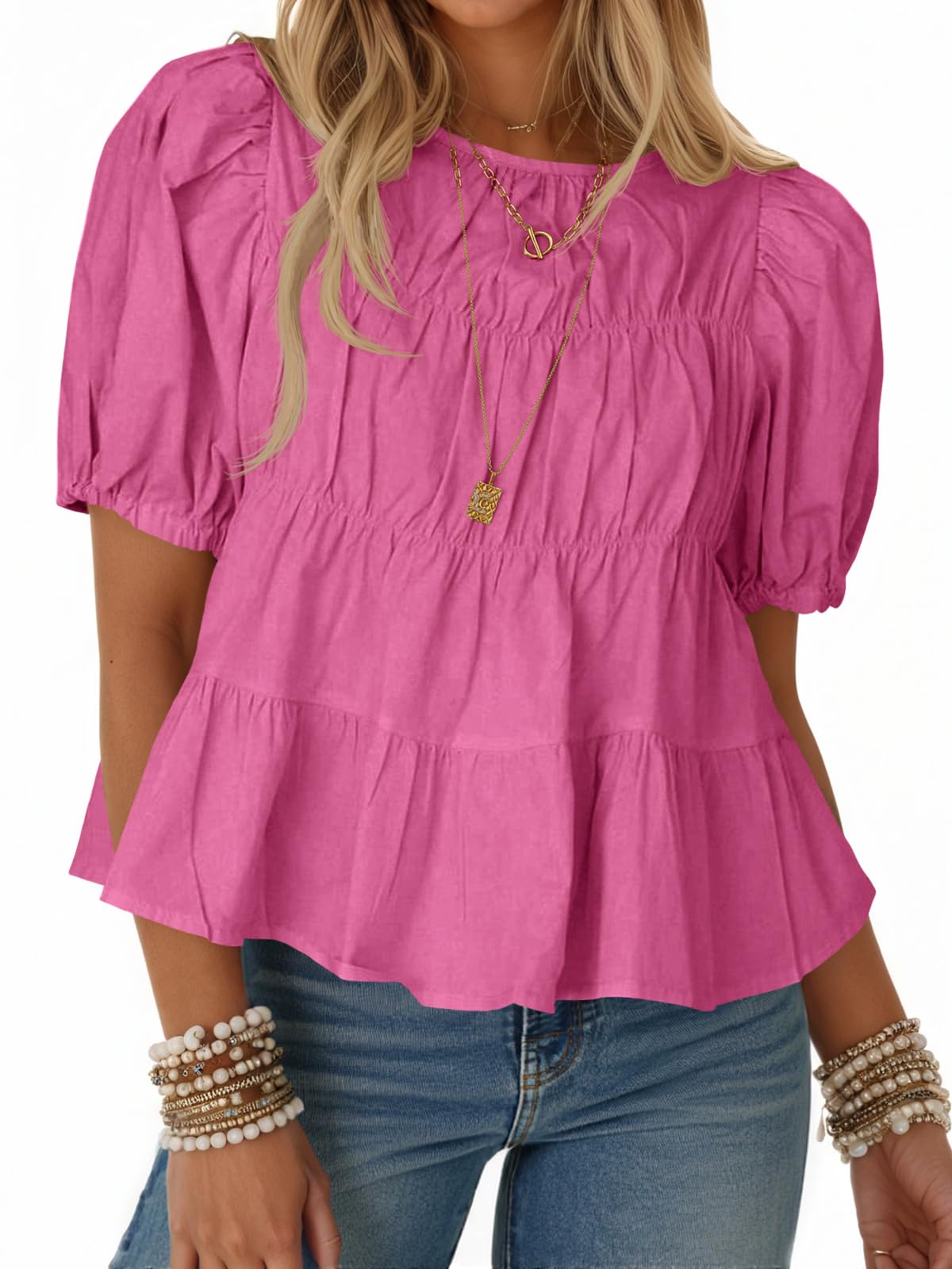 Limited time sale🔥Women's Puff Sleeve T-Shirts Smocked Peplum Blouse Casual Loose Fit Tops