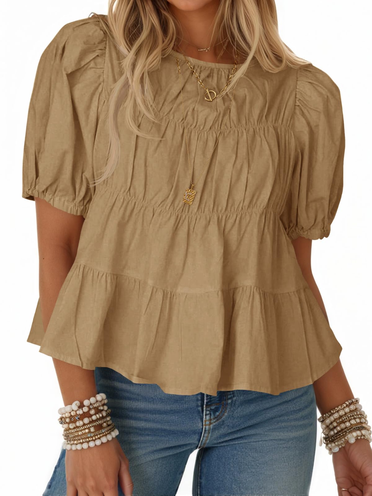 Limited time sale🔥Women's Puff Sleeve T-Shirts Smocked Peplum Blouse Casual Loose Fit Tops