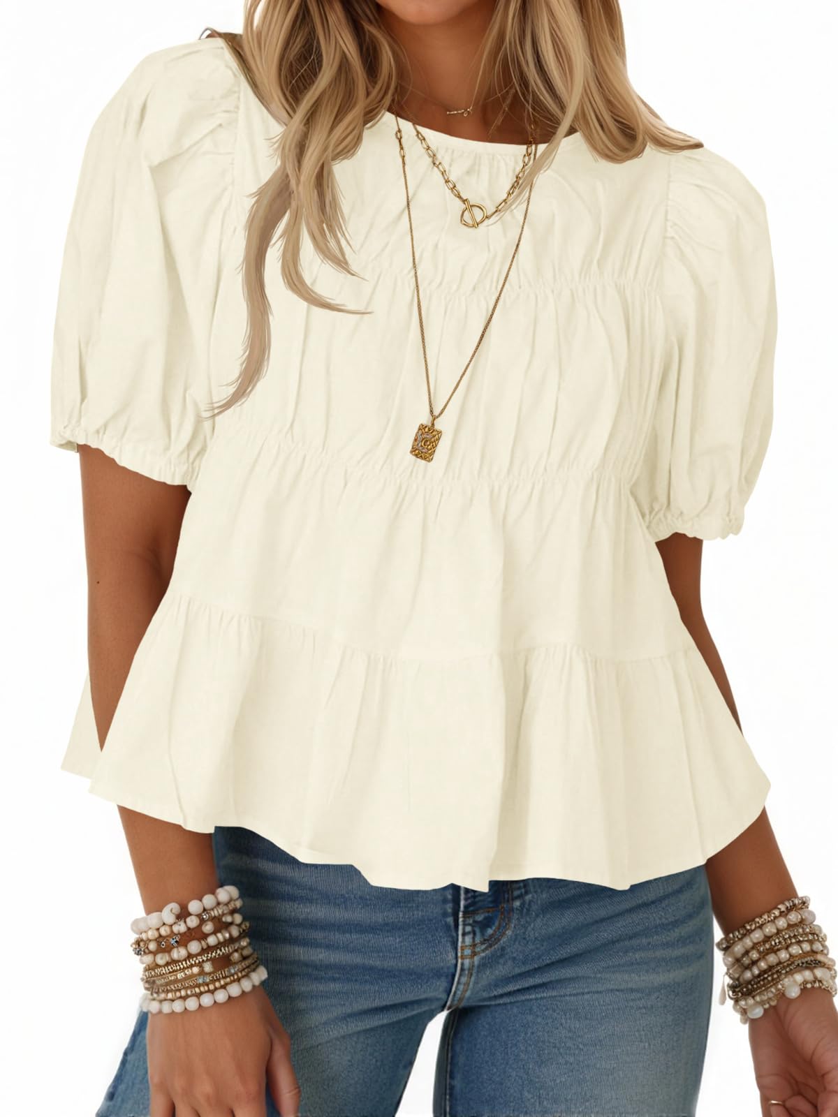 Limited time sale🔥Women's Puff Sleeve T-Shirts Smocked Peplum Blouse Casual Loose Fit Tops
