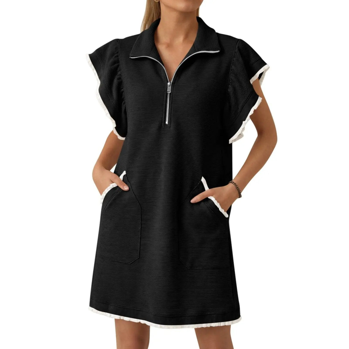Women's Casual Zipper Neckline Bestie Ruffle Collared Dress