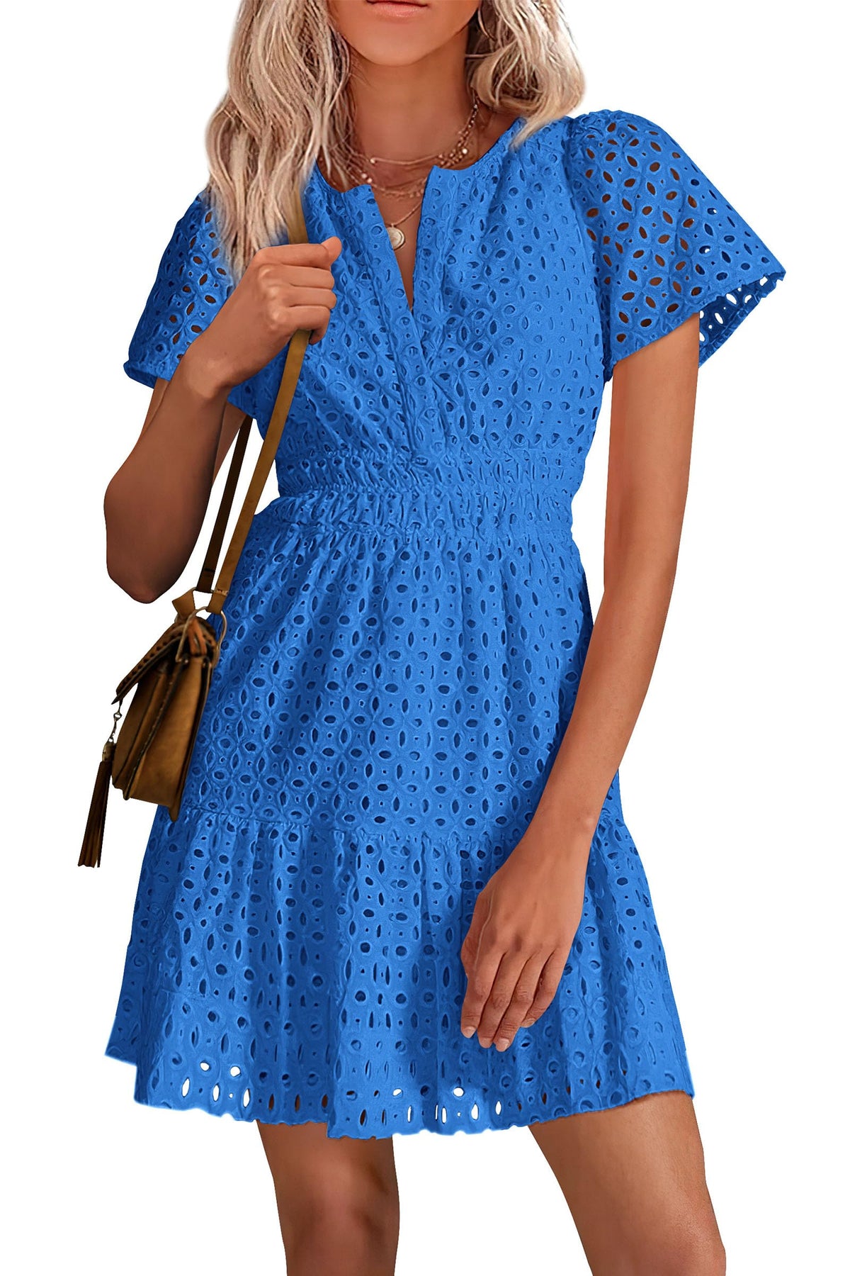 Limited time sale🔥Women's V Neck Short Sleeve A Line Hollow Out Lace Dress