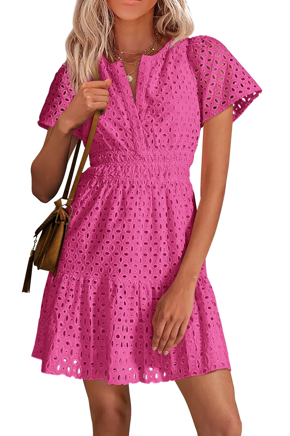 Limited time sale🔥Women's V Neck Short Sleeve A Line Hollow Out Lace Dress