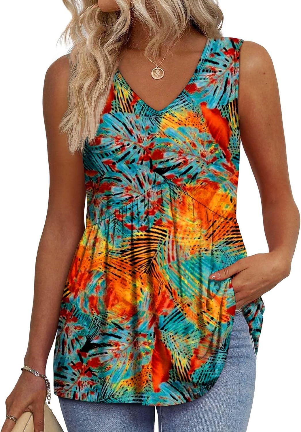 Limited time sale🔥Women's Print Flowy Sleeveless V Neck Peplum Tank Tops