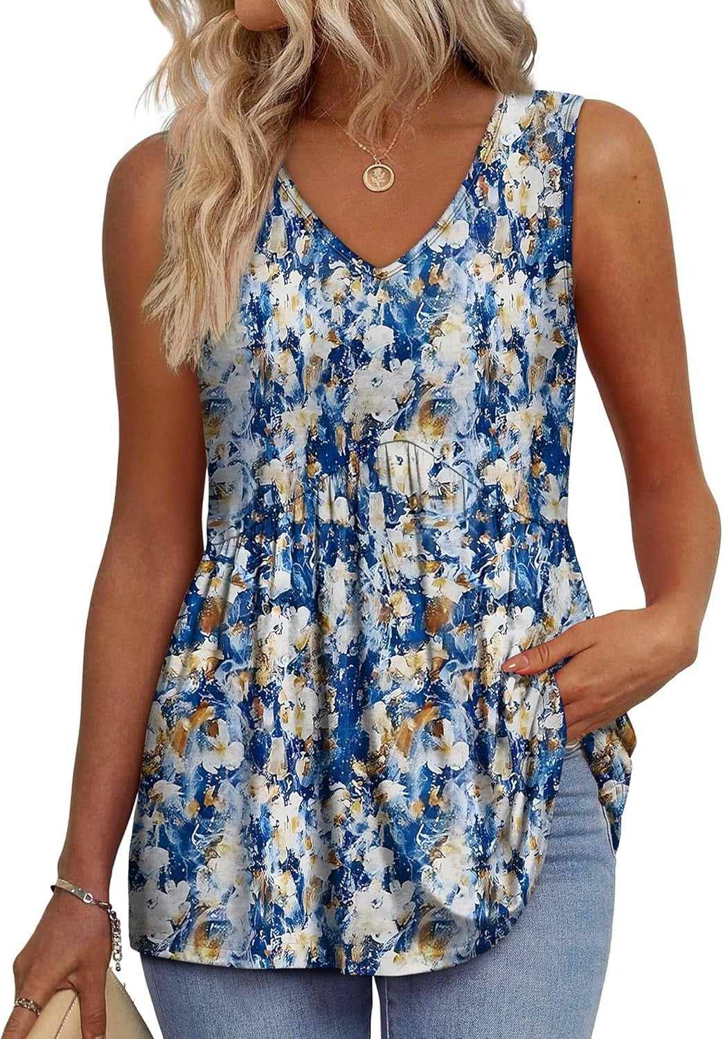 Limited time sale🔥Women's Print Flowy Sleeveless V Neck Peplum Tank Tops