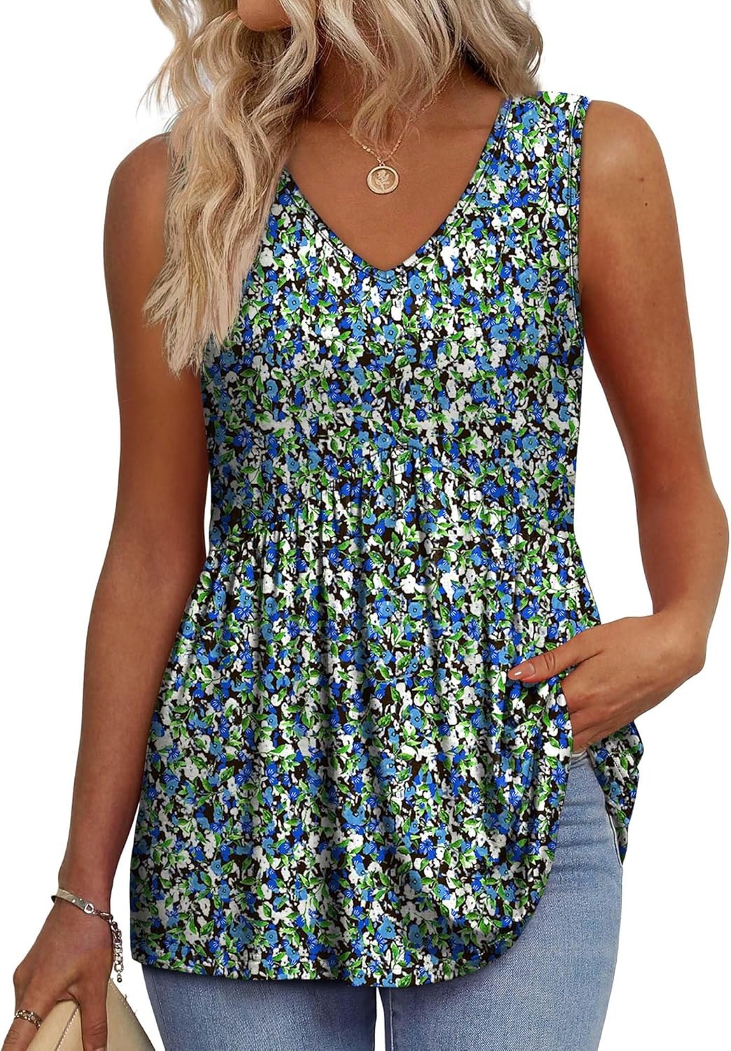 Limited time sale🔥Women's Print Flowy Sleeveless V Neck Peplum Tank Tops