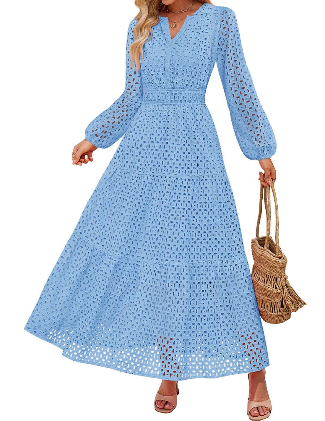 Women's 2026 V Neck Hollow Out Eyelet A Line Long Flowy Dresses