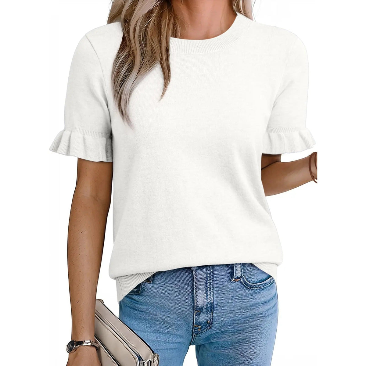Limited time sale🔥Women's Crew Neck Ruffle Short Sleeve Knit Top