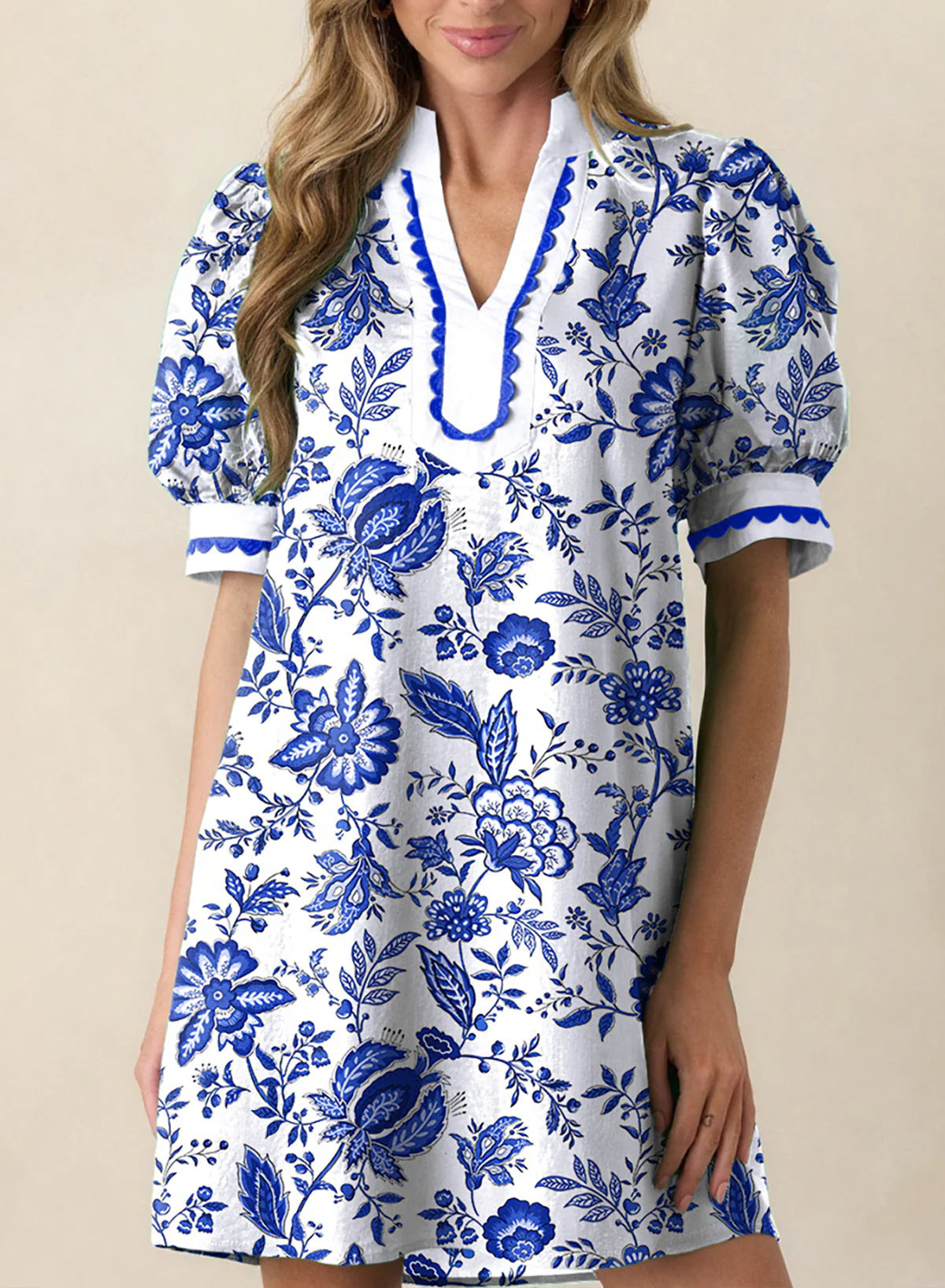 Limited time sale🔥Women's Floral Print V Neck Ricrac Trim Puff Sleeve Dress