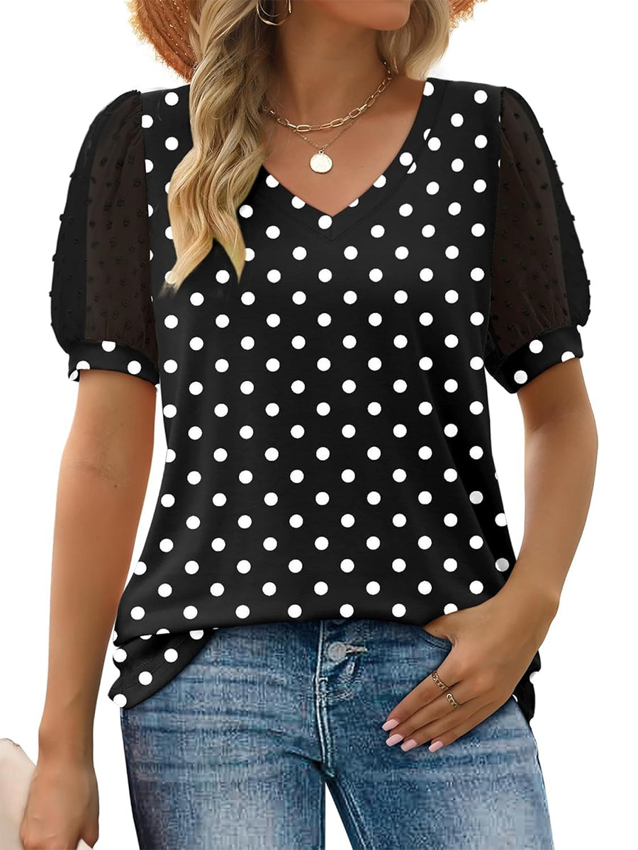 Limited time sale🔥Women's Printed V Neck Swiss Dot Puff Sleeve Loose Casual T-Shirt