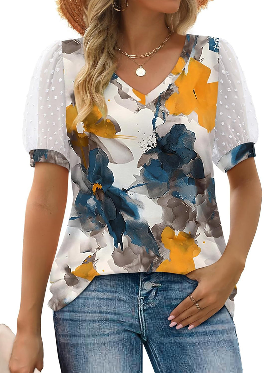 Limited time sale🔥Women's Printed V Neck Swiss Dot Puff Sleeve Loose Casual T-Shirt