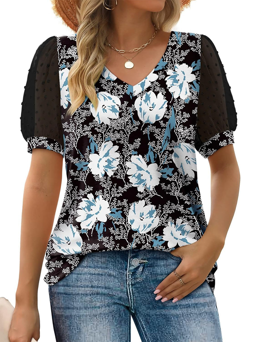 Limited time sale🔥Women's Printed V Neck Swiss Dot Puff Sleeve Loose Casual T-Shirt