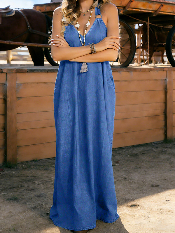 Retro Denim Adjustable Suspender Dress Oversized Maxi Skirt