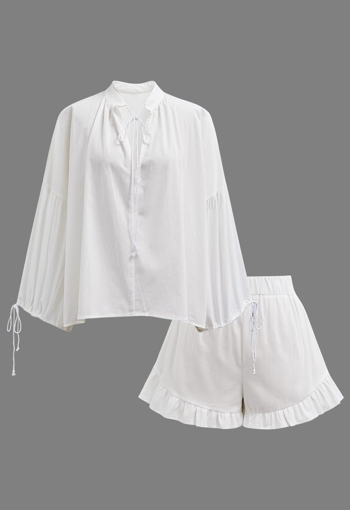 Women's Lantern Sleeve Drawstring Shirt and Shorts Set