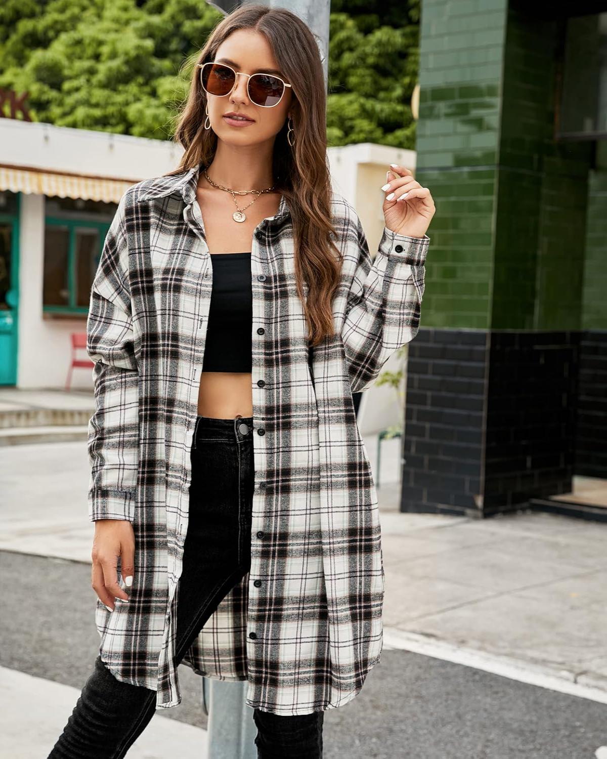 Women's Button Down Flannel Shirts Plaid Shacket Collared Long Jacket Coats
