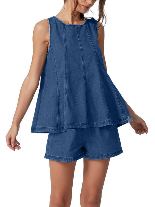 Women Sleeveless Crewneck Flared Denim Set
