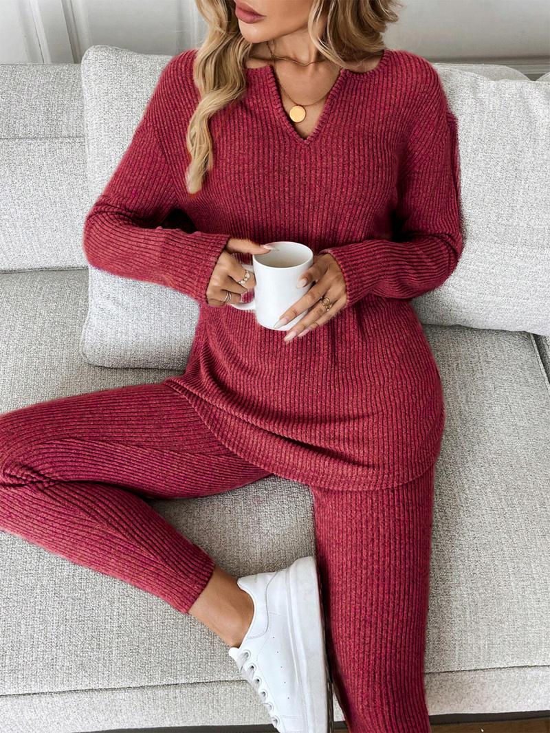 Women's Casual Plush Rib-Knit Long Sleeve T-Shirt And Leggings Set