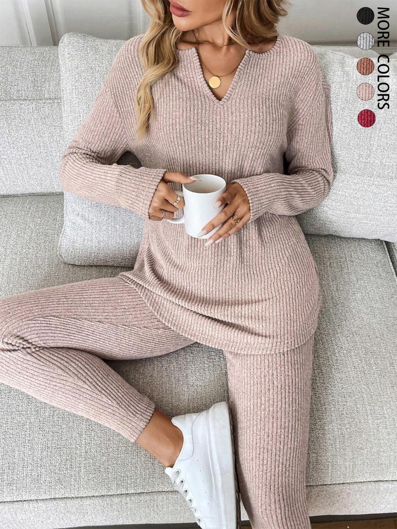 Women's Casual Plush Rib-Knit Long Sleeve T-Shirt And Leggings Set