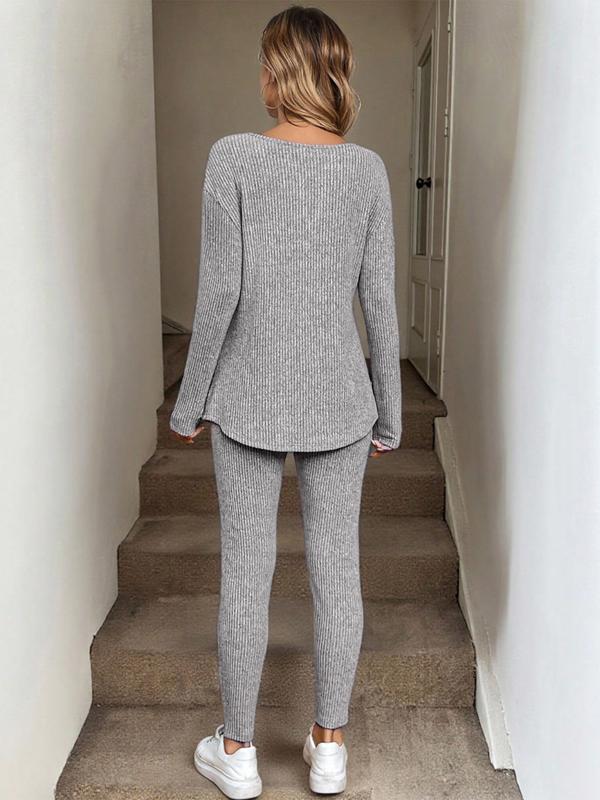 Women's Casual Plush Rib-Knit Long Sleeve T-Shirt And Leggings Set
