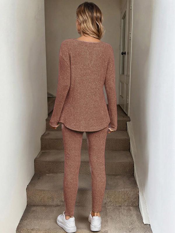 Women's Casual Plush Rib-Knit Long Sleeve T-Shirt And Leggings Set