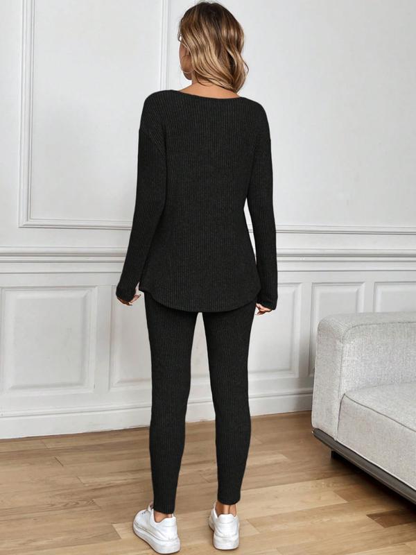 Women's Casual Plush Rib-Knit Long Sleeve T-Shirt And Leggings Set