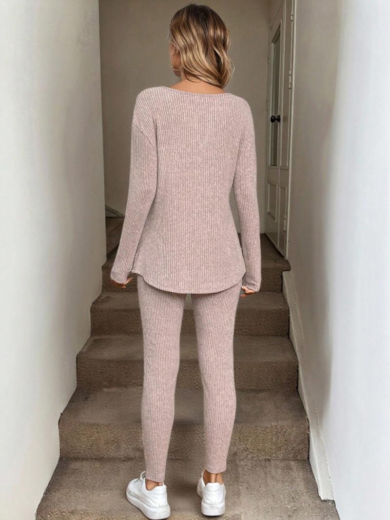 Women's Casual Plush Rib-Knit Long Sleeve T-Shirt And Leggings Set