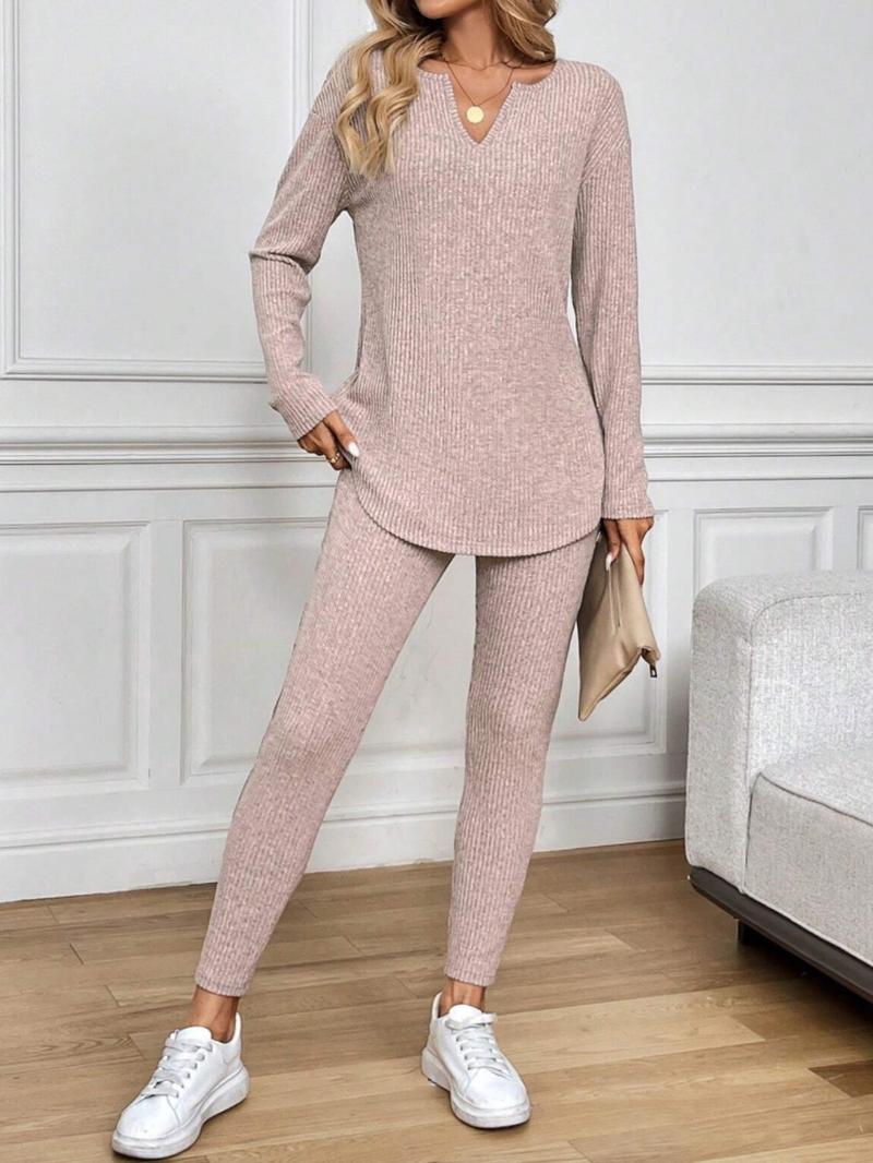 Women's Casual Plush Rib-Knit Long Sleeve T-Shirt And Leggings Set