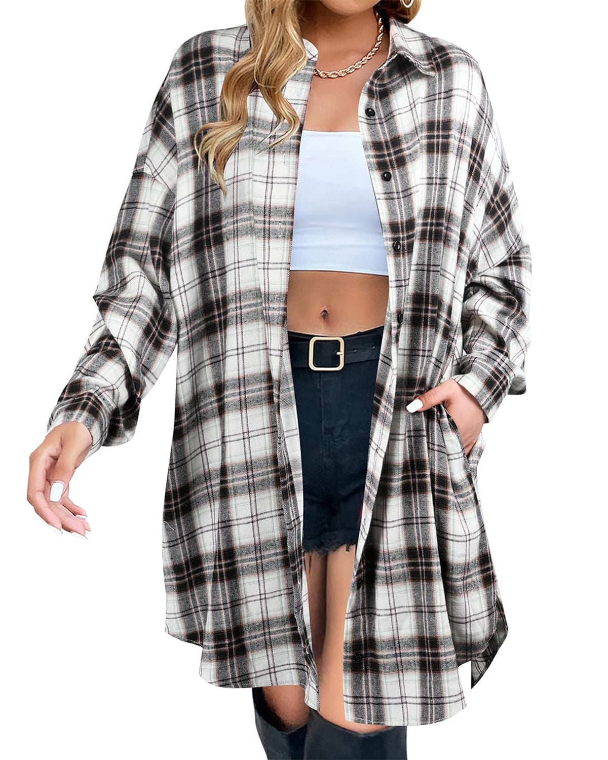 Women's Button Down Flannel Shirts Plaid Shacket Collared Long Jacket Coats