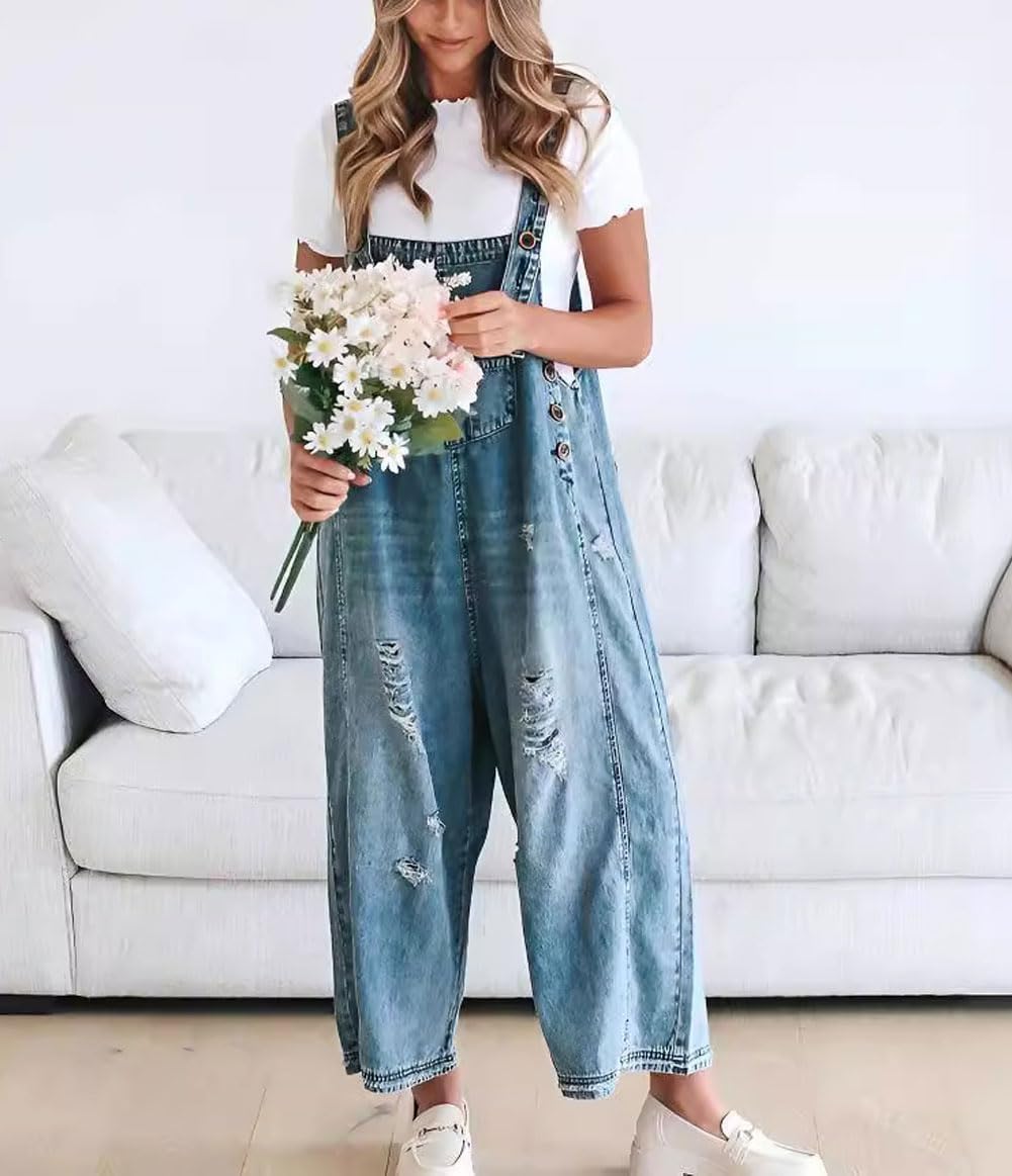 Limited time sale🔥Women's Cute Casual Button Jumpsuit Ripped Denim Overalls