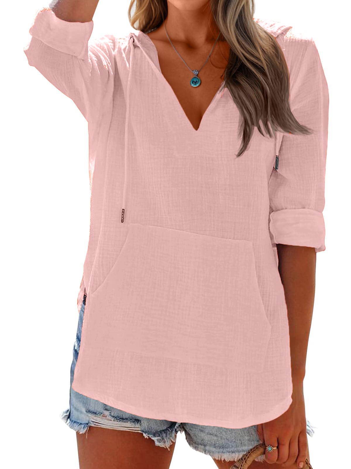 Limited time sale🔥 Women's Long Sleeve V Neck Pocketed Hooded Shirt Top