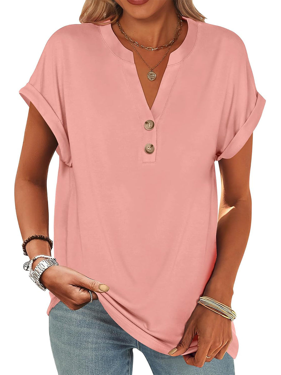 Limited time sale🔥Women's V Neck Button Casual Loose Fit Short Sleeve Henley Tops